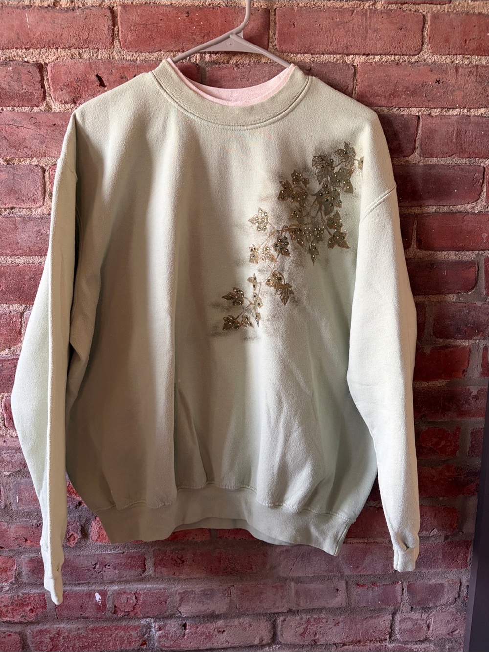 Morning Sun vintage Sage Crewneck Sweatshirt with Floral Embellishment size L